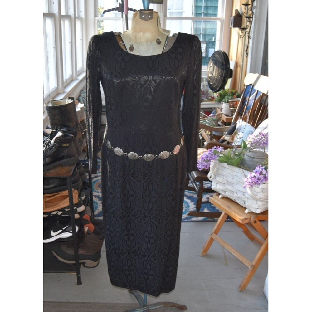 Vintage 1980s Santa Fe Dress Black Brocade Lined W Silver Tone Belt Size Medium